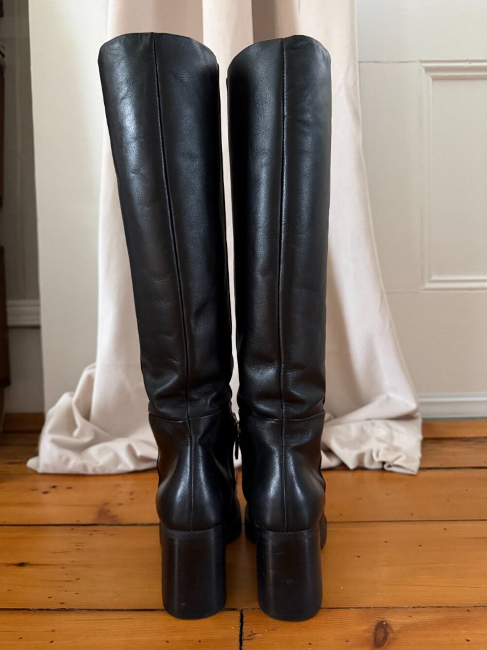 Zara Black Leather Knee-High Boots Block Heel Minimal Classic Size 7.5 - Picture 4 of 6